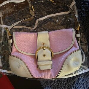 Coach Pink and White Signature Shoulder Bag with Gold Buckle